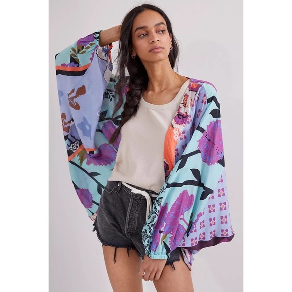 Anthropologie Tops - Anthropologie Multicolor Mixed Print Cocoon Kimono Open Front Lightweight OSFM